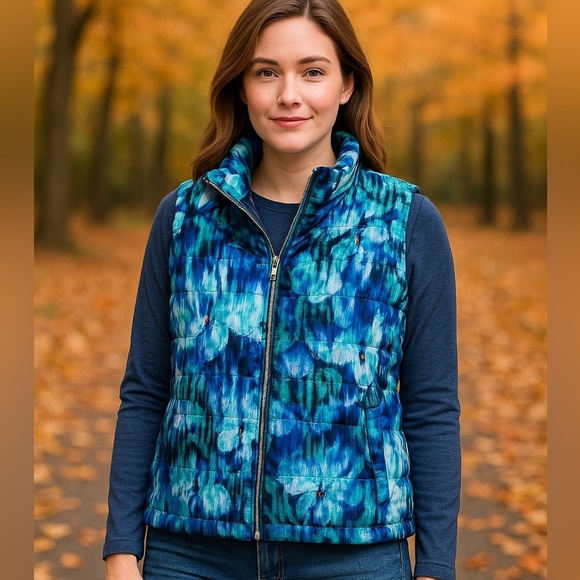 Weekends Chicos Women Puffer Vest Blue Floral Full Zip Pockets Chicos 3/ US XL - Picture 1 of 10